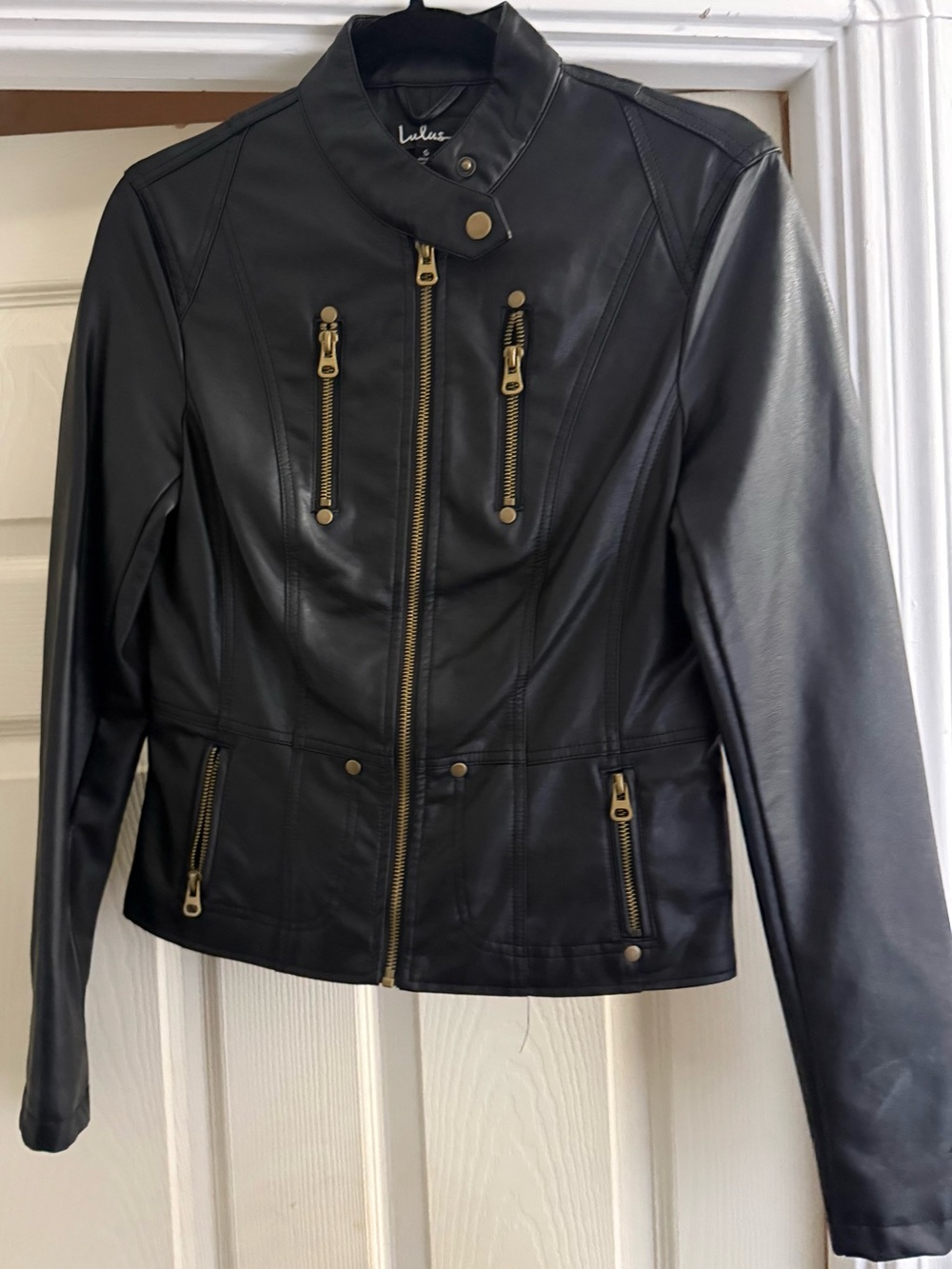 Lulu's Black Faux Leather Moto Jacket with Gold Hardware